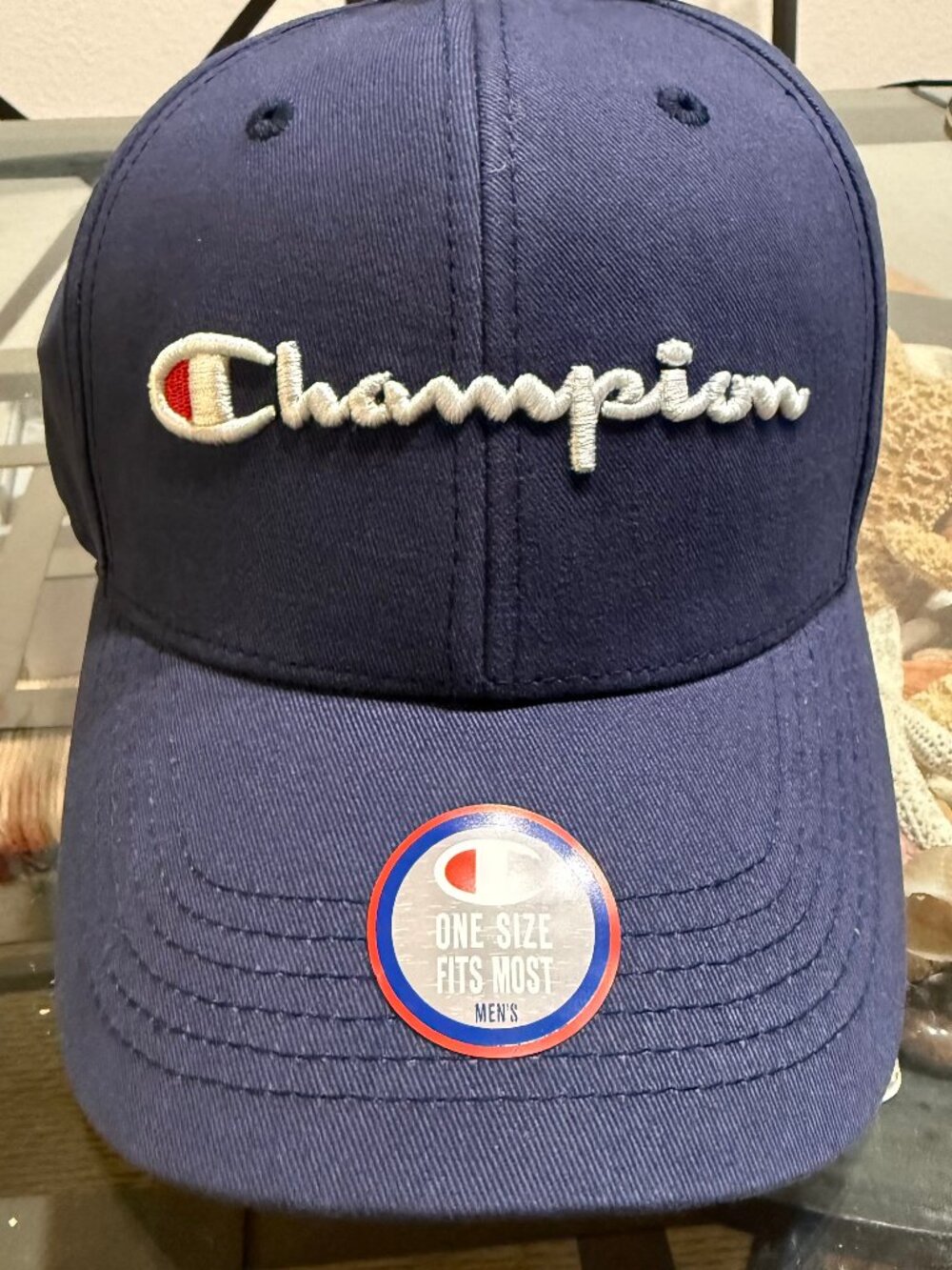 CHAMPION MENS NAVY EMBROIDERED LOGO 1SIZE ADJUSTABLE BASEBALL CAP HAT NWT
